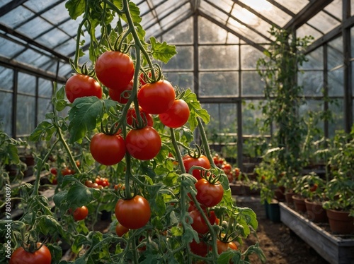 Ripe tomatoes, bathed in soft glow of sunlight filtering through glass panels above, hang from vine in greenhouse. Vibrant red of tomatoes contrasts beautifully with lush green leaves. photo