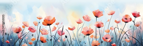  Artistic illustration of vibrant poppies, wildflowers with a soft, pastel sky banner backdrop