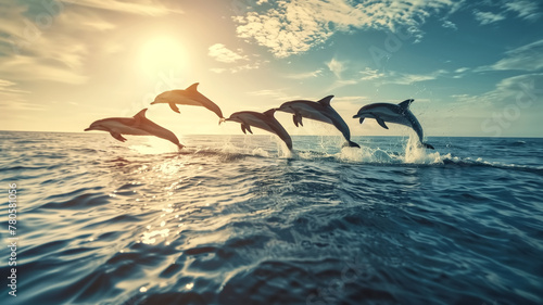 Dolphins jumping up from the ocean, sea life animals