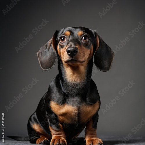 Dachshund sits attentively, body showcasing glossy coat with hues of black, tan, but face obscured by brownish blur. Ears of dog perked up, displaying their length, fine texture of fur. photo