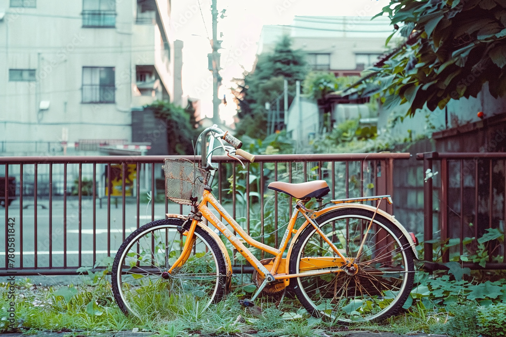 vintage orange bike parked next to the street, POV, gen-z vibes, cottagecore, casual, aesthetic 
