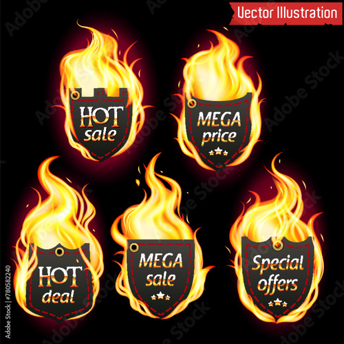 Flaming Hot Sale and Mega Deal Shields Vector Illustration. A set of designer labels in fire. 
