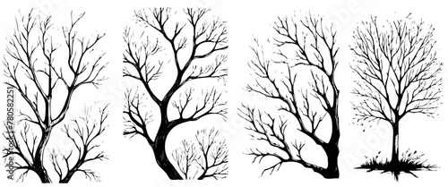 Four black and white images of trees with no leaves. The trees are all different sizes and are arranged in a row. The mood of the images is somber and melancholic, as the trees are bare
