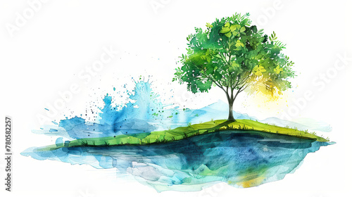 Watercolor Illustration, showing a Concept of World Earth Day. Copy space. White background.