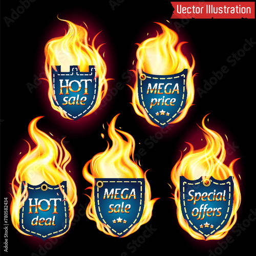 Flaming Hot Sale and Mega Deal Shields Vector Illustration. A set of designer labels in fire. 
