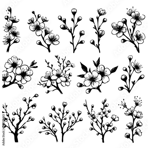 A set of black and white flowers with a white background. The flowers are arranged in a grid pattern