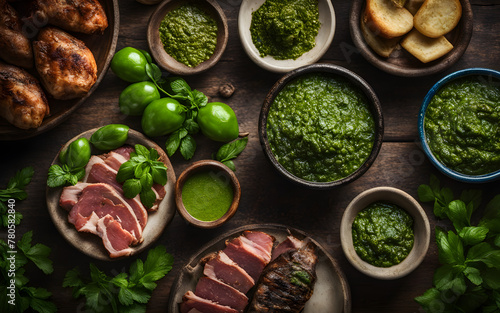 Argentinian chimichurri, vibrant green, rustic mortar, background of grilled meats photo