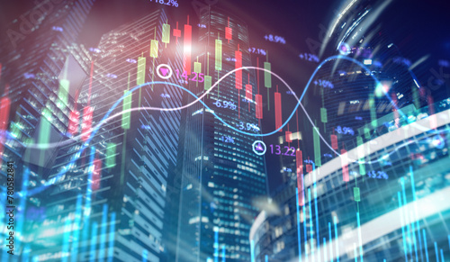 Forex chart on cityscape mixed media double exposure. Financial Trading concept