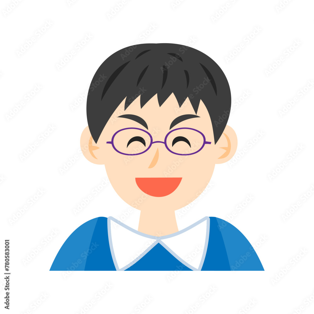 笑う眼鏡をかけた男の子の顔。フラットなベクターイラスト。
Smiling boy's face wearing glasses. Flat vector illustration.