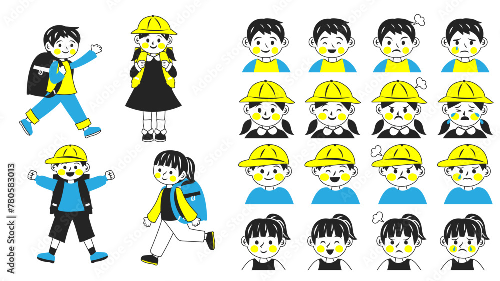 Fototapeta premium 低学年の小学生たち。シンプルなベクターイラストセット。 Lower-grade elementary school students. Simple vector illustration set.