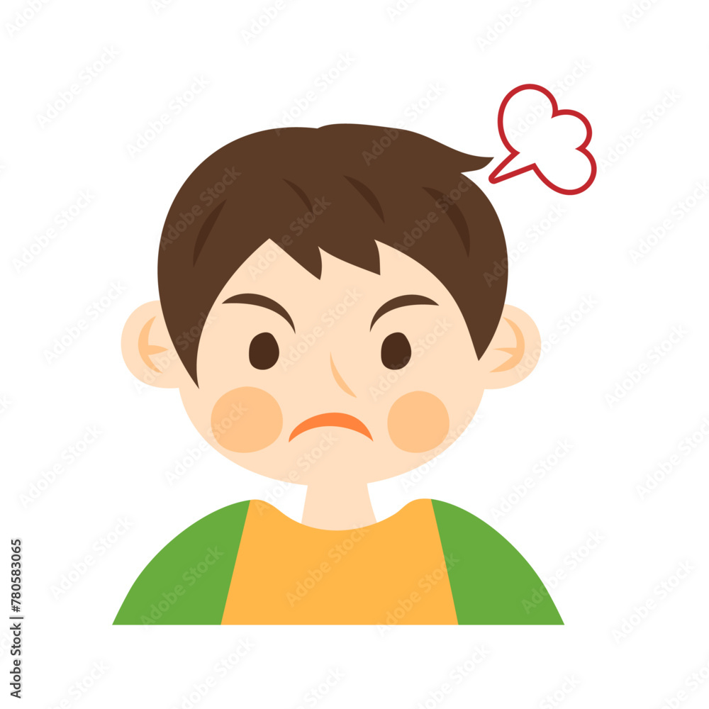 怒る男の子の顔。フラットなベクターイラスト。
Angry boy’s face. Flat vector illustration.