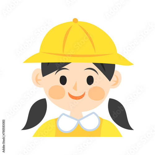 黄色い帽子を被った女の子の顔。フラットなベクターイラスト。
Girl’s face wearing a yellow hat. Flat vector illustration.