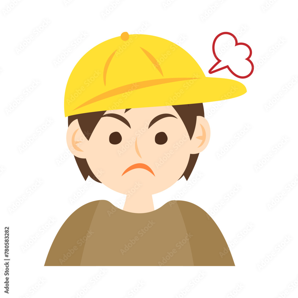黄色いキャップを被った怒る男の子の顔。フラットなベクターイラスト。
Angry boy's face wearing a yellow cap. Flat vector illustration.