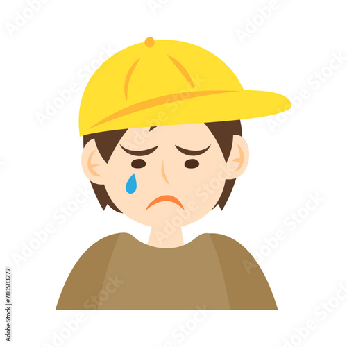 黄色いキャップを被った泣いている男の子の顔。フラットなベクターイラスト。
Crying boy's face wearing a yellow cap. Flat vector illustration.