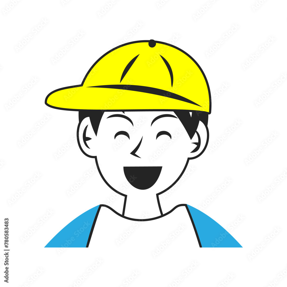 黄色いキャップを被った笑う男の子の顔。シンプルなベクターイラスト。
Laughing boy’s face wearing a yellow cap. Simple vector illustration. - obrazy, fototapety, plakaty 