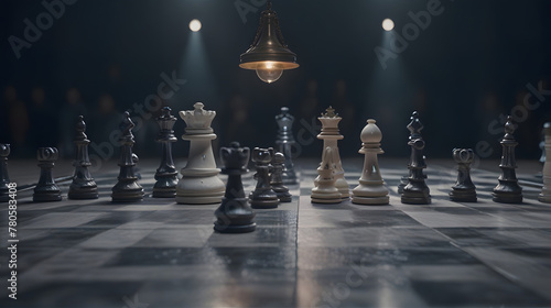 Chessboard with chess pieces arranged for a game photo