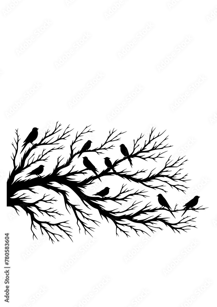 Naklejka premium Birds on Branches svg, Flock of Birds SVG, Birds SVG, Silhouette, Birds Cut File, Cricut, Branch svg, Bird on a Tree Branch