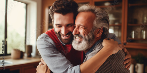 Adult son fun hugging old senior father photo