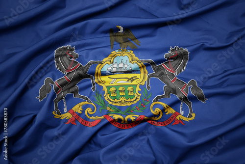 big waving national flag of pennsylvania state. macro shot
