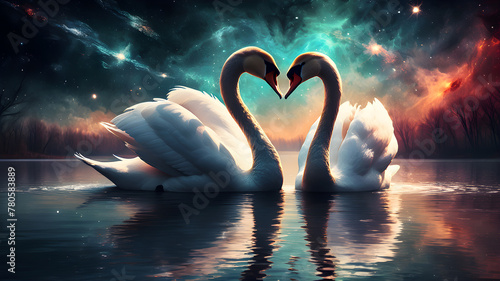 A pair of white swans in love on the lake and reflection on the water 