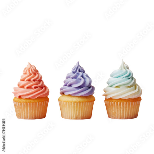 Three colorful frosted cupcakes on a transparent background, a sweet baked goods treat