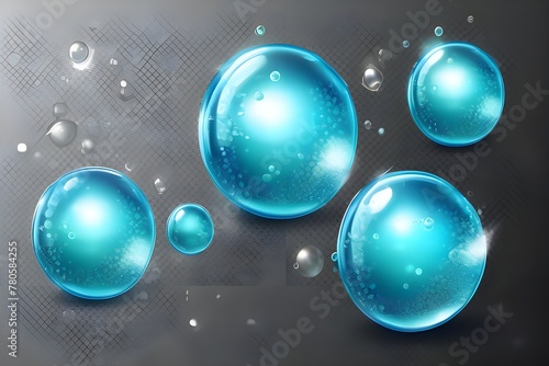 Water drops realistic vector set on transparent background with fizzing soda bubbles and air bubbles under water.