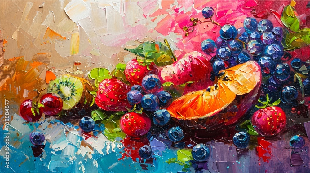 Abstract summer fruits, vibrant colors, palette knife oil painting, on a colorful background with dynamic highlights and dramatic lighting
