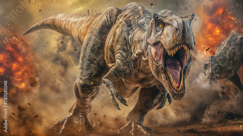 A ferocious Tyrannosaurus rex roars amidst a prehistoric landscape engulfed in flames and chaos © Armin