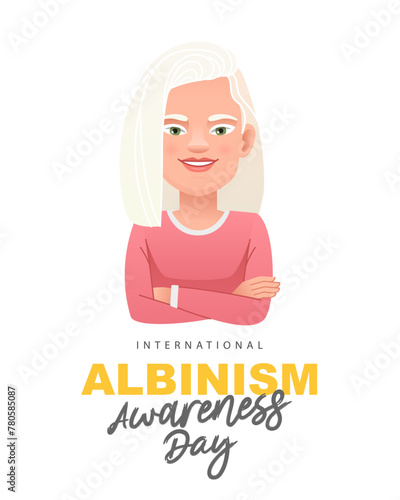 Young pretty albino white girl stands with her arms crossed. International Albinism Awareness Day. Vector illustration