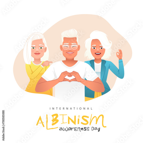 Group of three young albino people. Two beautiful girls and young man with glasses with white hair, eyebrows and eyelashes.
