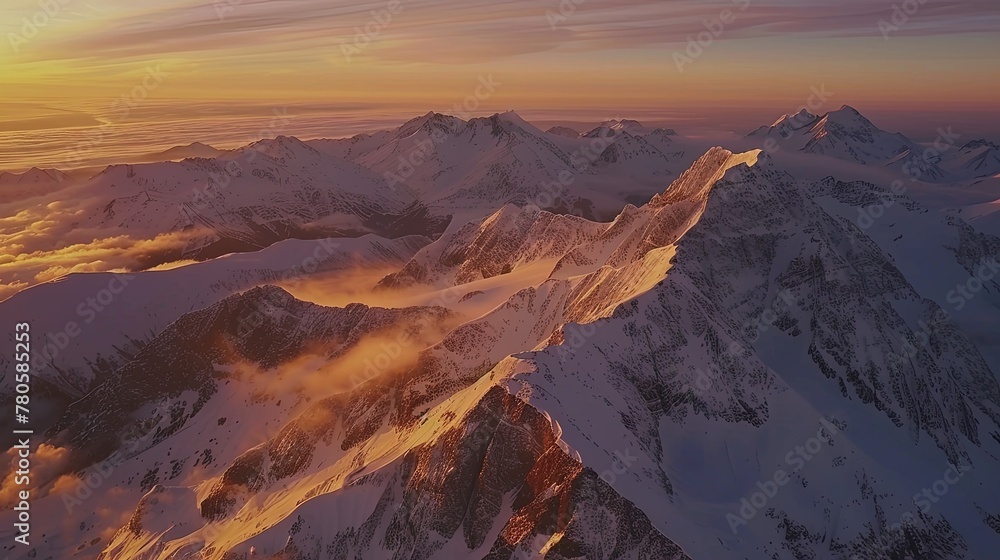 The setting sun bathes snow-capped mountains in a warm glow, with clouds nestled in the valleys, creating a breathtaking aerial view. Sunset Glow Over Snow-Capped Mountain Peaks

