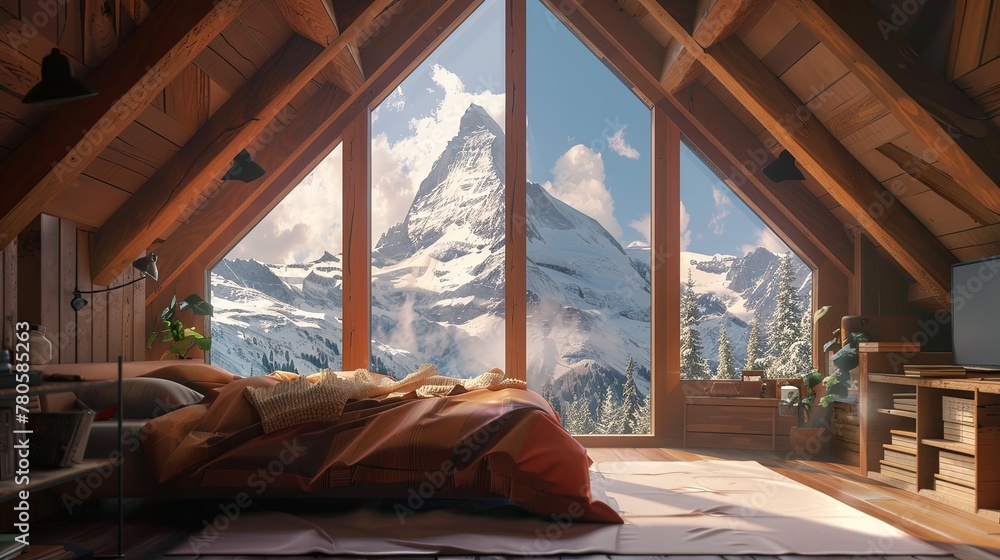 A serene bedroom interior in a wooden mountain cabin, showcasing a ...