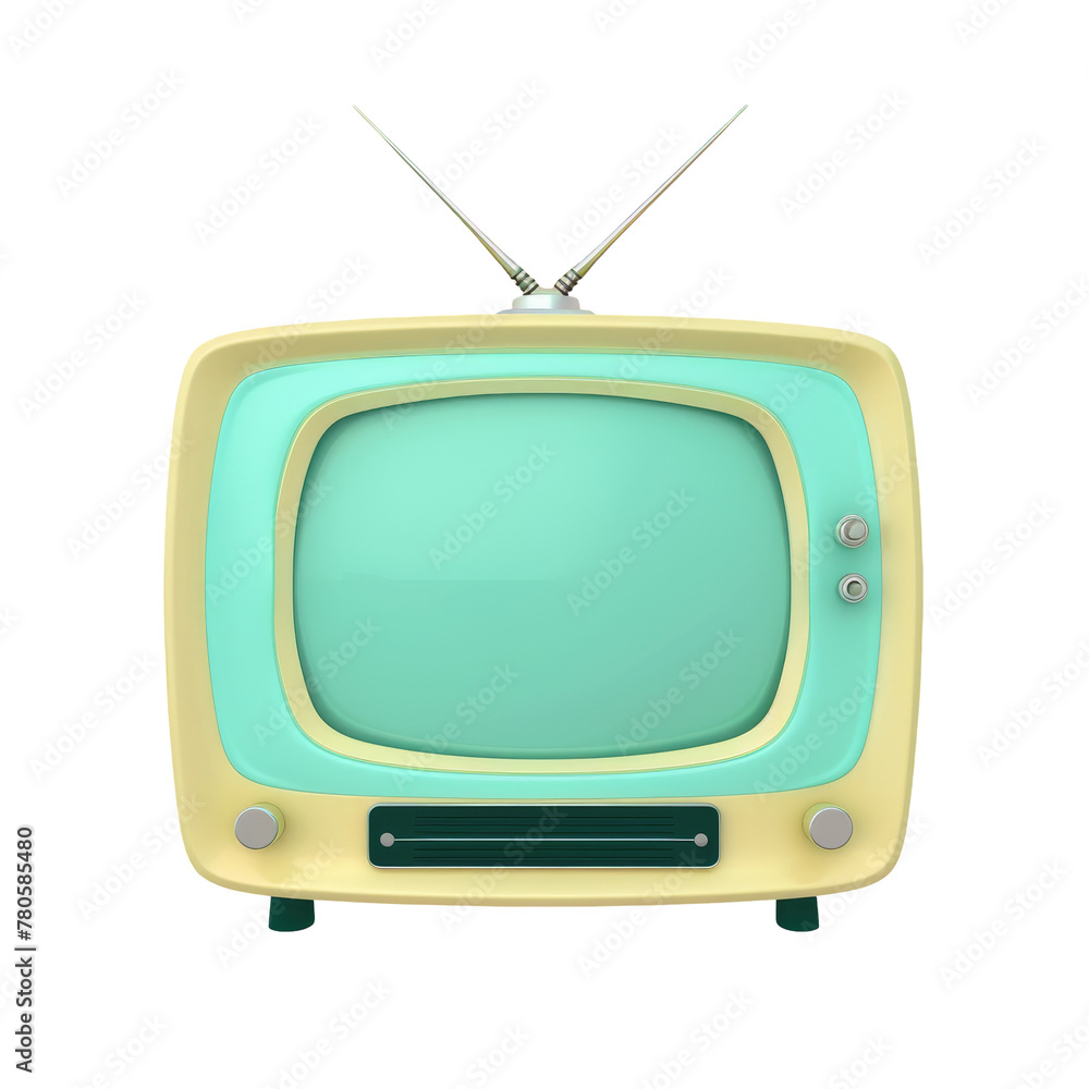 Antique yellow and blue TV gadget with antennas, on a transparent background
