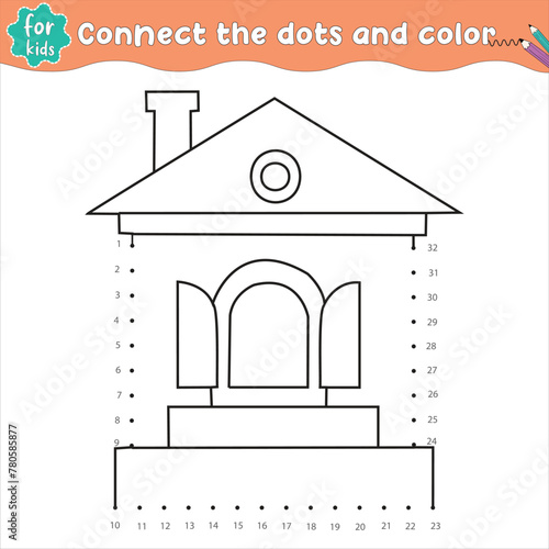 Connect the dots  house coloring activity page and Educational Game for Kids  
