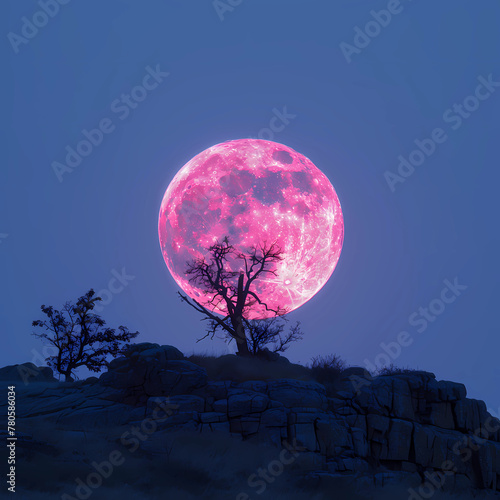 Pink full moon over the forest, celestial events, Worm Moon in March