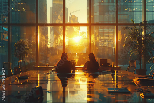 Two people gazing at the sunset through a glass window in a conference room
