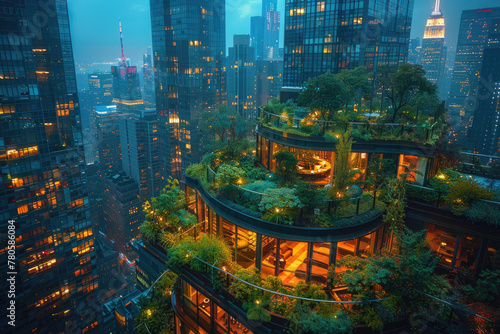 A lush green rooftop garden amidst towering skyscrapers photo