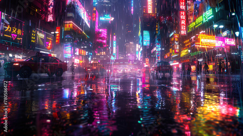 Neon-lit city streets in the rain at night. Digital art cityscape with reflections and futuristic atmosphere. Urban nightlife and cyberpunk concept for poster and wallpaper design. Low angle view with © Alexey