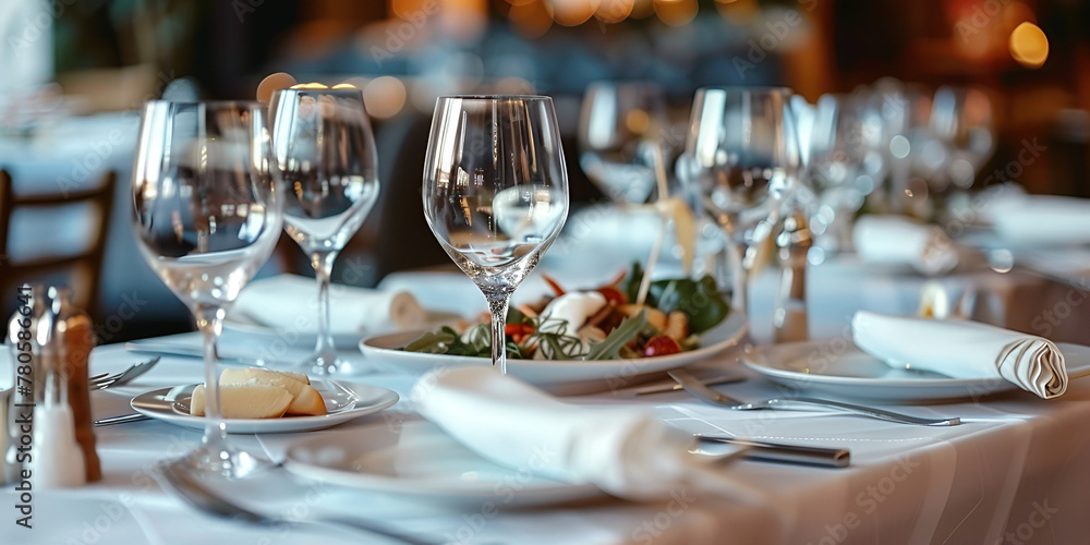 Wedding Elegance event dinner Arranged table with plates and glasses on a wedding reception Celebration Anniversary Candlelit dinner with champagne glasses 