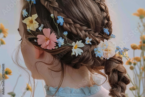 aesthetic cottagecore female hairstyle with pastel colored flowers, vintage, gen-z, calm, rear view