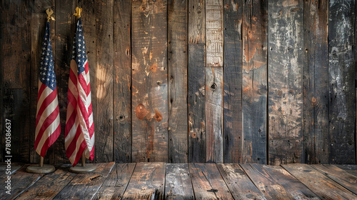 American flags leaning against a barnwood backdrop, evoking a countrystyle Independence Day sentiment photo