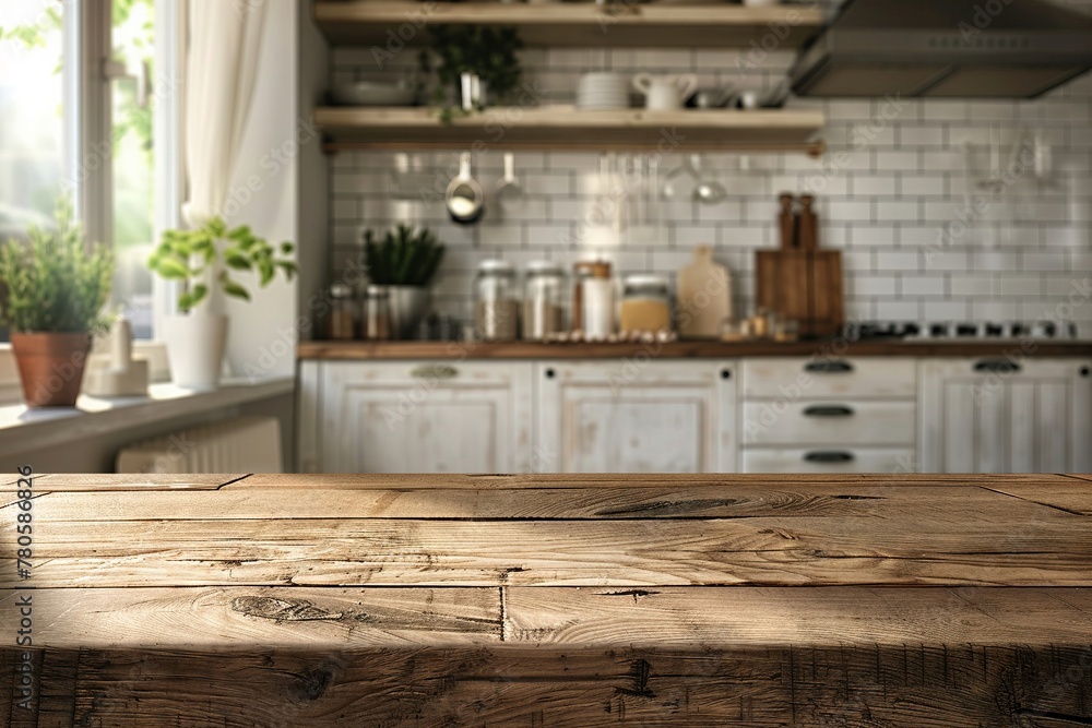 Empty wooden table with modern kitchen blur, clean and bright, perfect for product display Empty wooden table with modern kitchen blur, clean and bright, perfect for product display