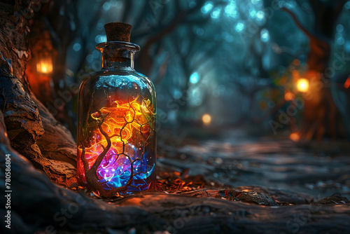 Eerie potion bottle, with swirling colors inside, set in a mysterious and dark fairy tale scene © Atchariya63