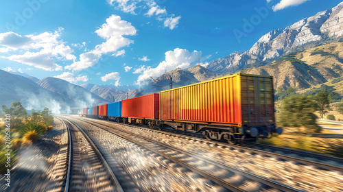 Dynamic view of a freight train with intermodal containers in transit, showcasing global trade