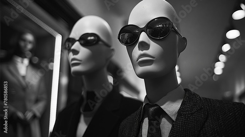 Fashionable egghead mannequins in a noir setting, dressed in simple yet chic outfits