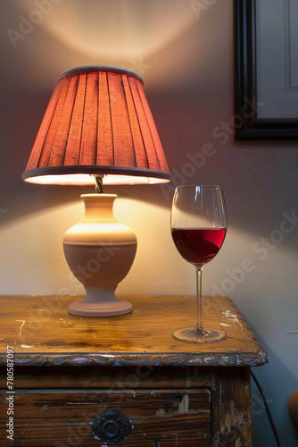 wine glass next to lamp on light table, cottagecore, vintage, aesthetic, everyday life