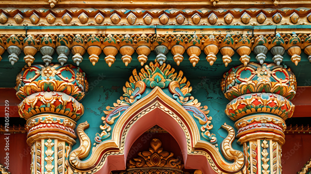 Ornate golden traditional Thai patterns and sculptures. Detailed temple decorations with floral motifs and mythical creatures. Cultural art and architecture concept for historical design elements 