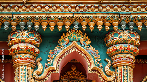 Ornate golden traditional Thai patterns and sculptures. Detailed temple decorations with floral motifs and mythical creatures. Cultural art and architecture concept for historical design elements 