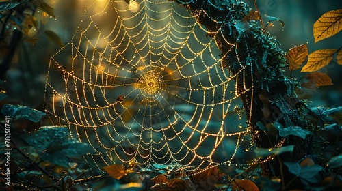 An arthropods spider web made of natural material is intricately woven among leaves in a forest, creating a beautiful pattern while capturing insects for the terrestrial animal