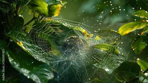 An arthropods spider web made of natural material is intricately woven among leaves in a forest, creating a beautiful pattern while capturing insects for the terrestrial animal